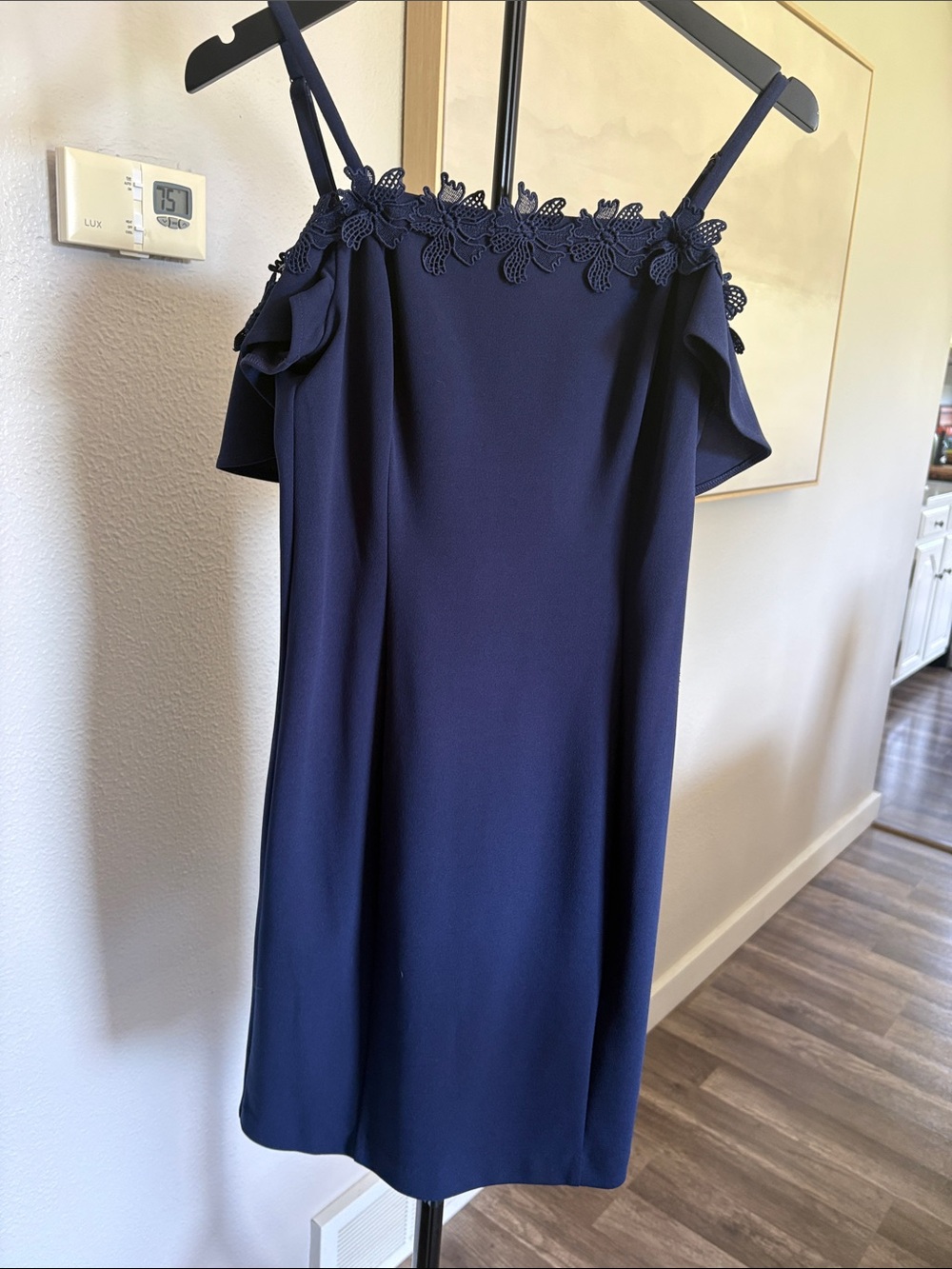 Kensie Navy Off-Shoulder Mini Dress with Floral Trim